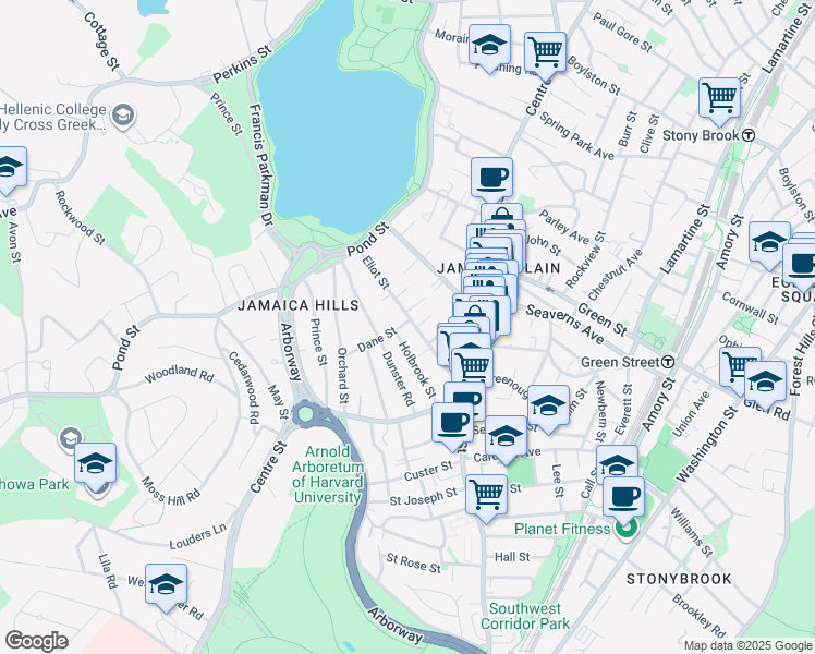map of restaurants, bars, coffee shops, grocery stores, and more near 32 Eliot Street in Boston