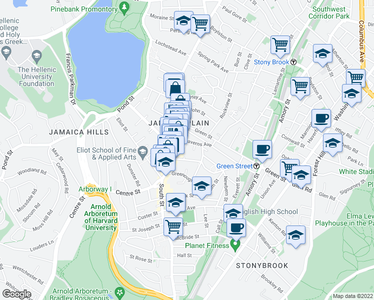 map of restaurants, bars, coffee shops, grocery stores, and more near 12 Brown Terrace in Boston