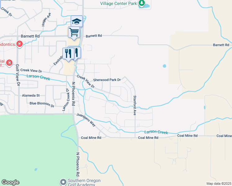 map of restaurants, bars, coffee shops, grocery stores, and more near 3814 Creek Mont Drive in Medford