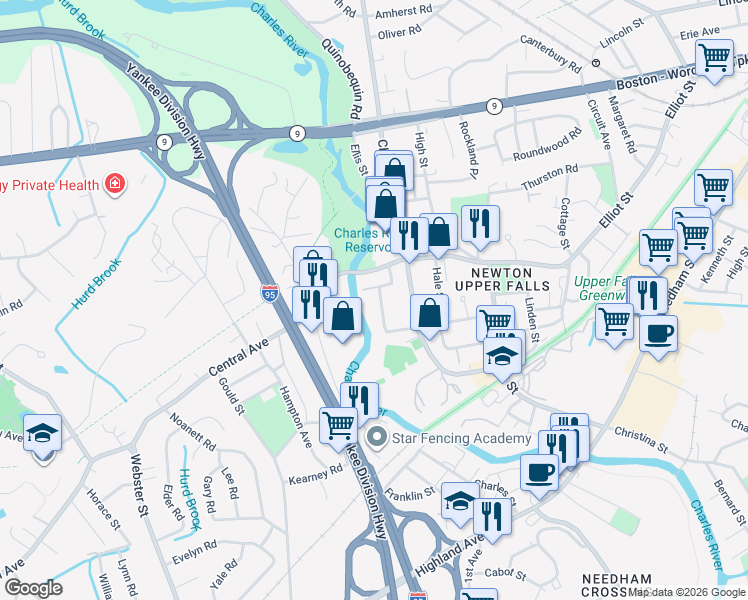 map of restaurants, bars, coffee shops, grocery stores, and more near 1 Keefe Avenue in Newton