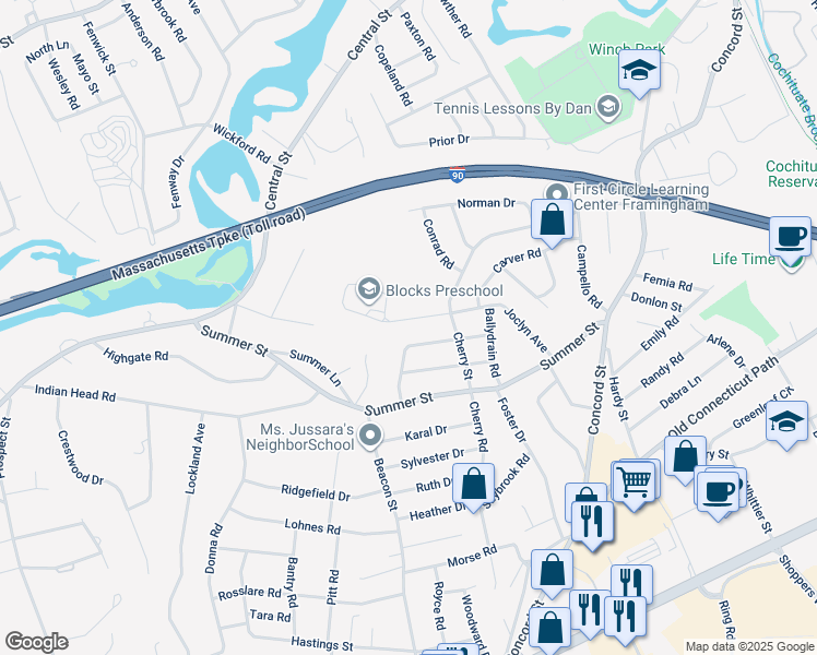 map of restaurants, bars, coffee shops, grocery stores, and more near 27 Upper Joclyn Avenue in Framingham