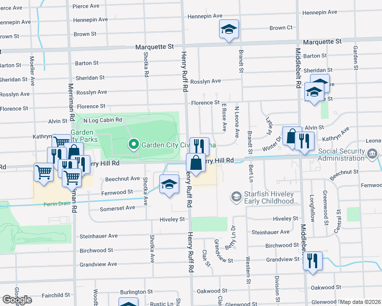 map of restaurants, bars, coffee shops, grocery stores, and more near 201 Henry Ruff Road in Garden City