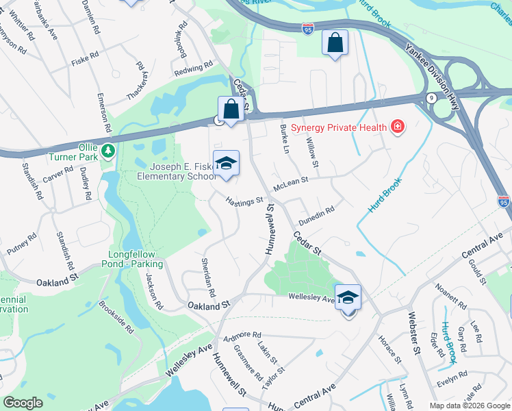 map of restaurants, bars, coffee shops, grocery stores, and more near 189 Cedar Street in Wellesley