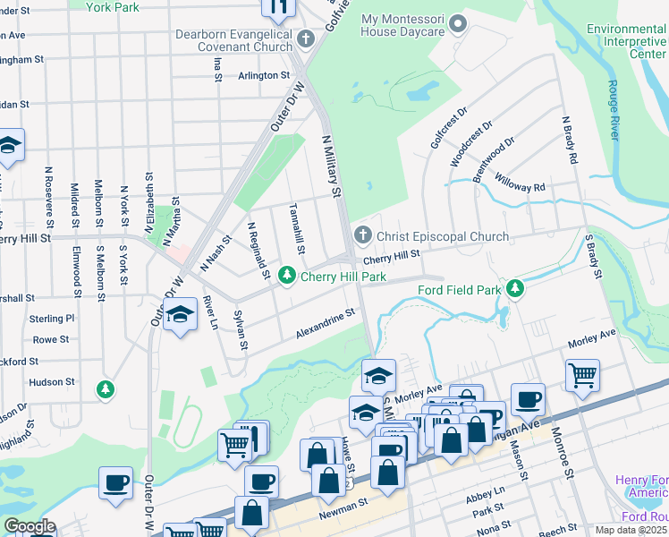 map of restaurants, bars, coffee shops, grocery stores, and more near 22434 Cherry Hill Street in Dearborn