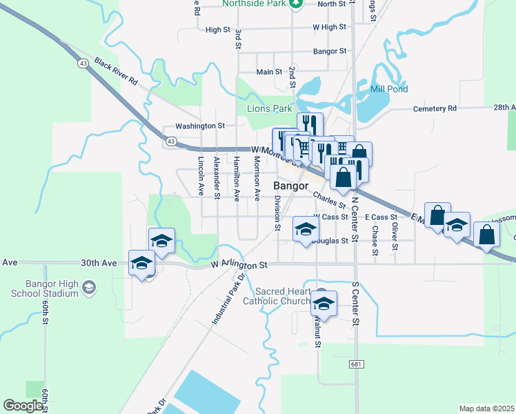 map of restaurants, bars, coffee shops, grocery stores, and more near 411 Union Street in Bangor