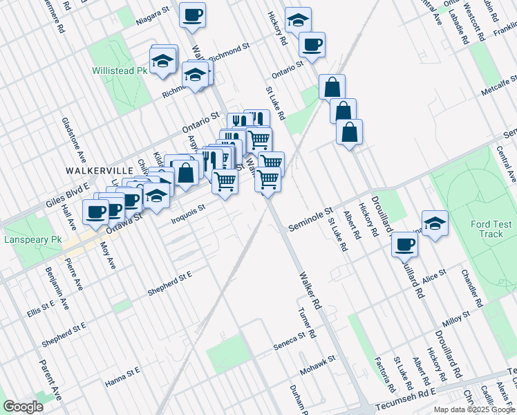 map of restaurants, bars, coffee shops, grocery stores, and more near 1375 Walker Road in Windsor