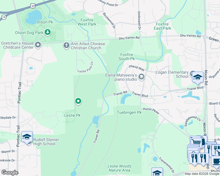 map of restaurants, bars, coffee shops, grocery stores, and more near 2295 Traver Road in Ann Arbor