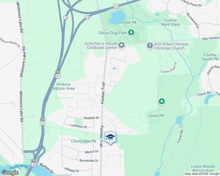 map of restaurants, bars, coffee shops, grocery stores, and more near 2710 Pontiac Trail in Ann Arbor