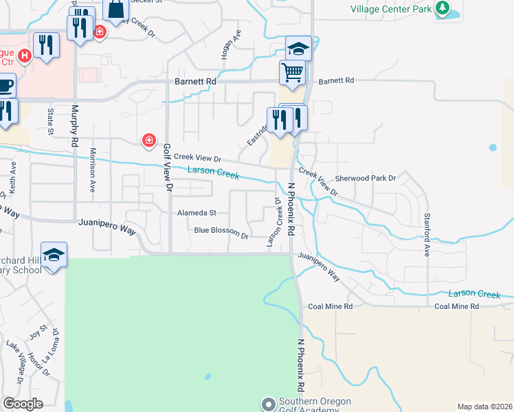 map of restaurants, bars, coffee shops, grocery stores, and more near 3588 Alderwood Drive in Medford
