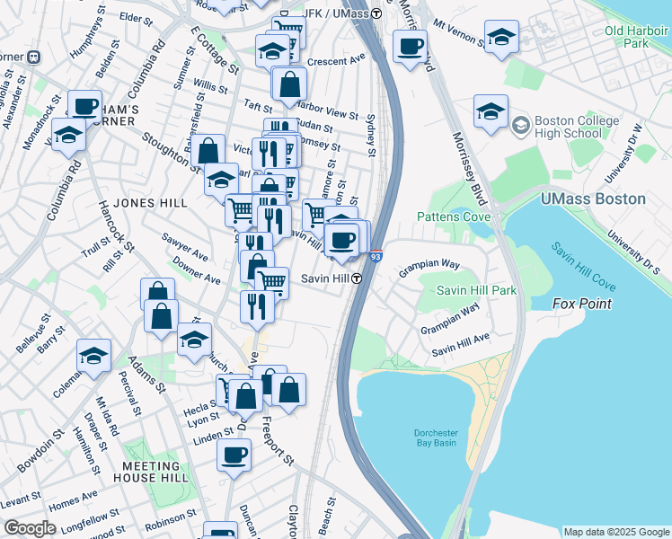 map of restaurants, bars, coffee shops, grocery stores, and more near 87 Savin Hill Avenue in Boston