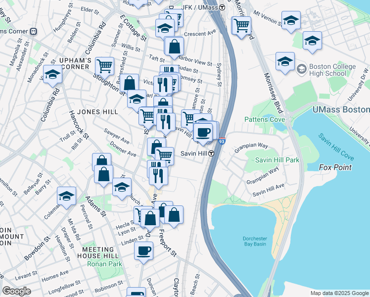 map of restaurants, bars, coffee shops, grocery stores, and more near 87 Savin Hill Avenue in Boston