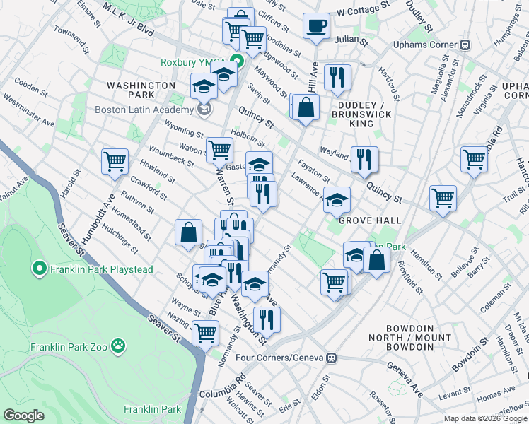 map of restaurants, bars, coffee shops, grocery stores, and more near 370A Blue Hill Avenue in Boston