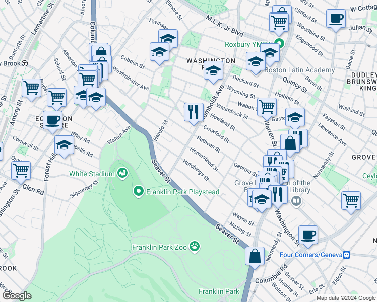 map of restaurants, bars, coffee shops, grocery stores, and more near 83 Homestead Street in Boston