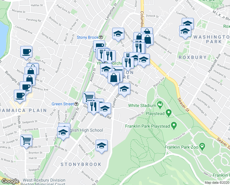 map of restaurants, bars, coffee shops, grocery stores, and more near 10 Forest Hills Street in Boston