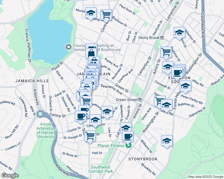 map of restaurants, bars, coffee shops, grocery stores, and more near 38 Seaverns Avenue in Boston