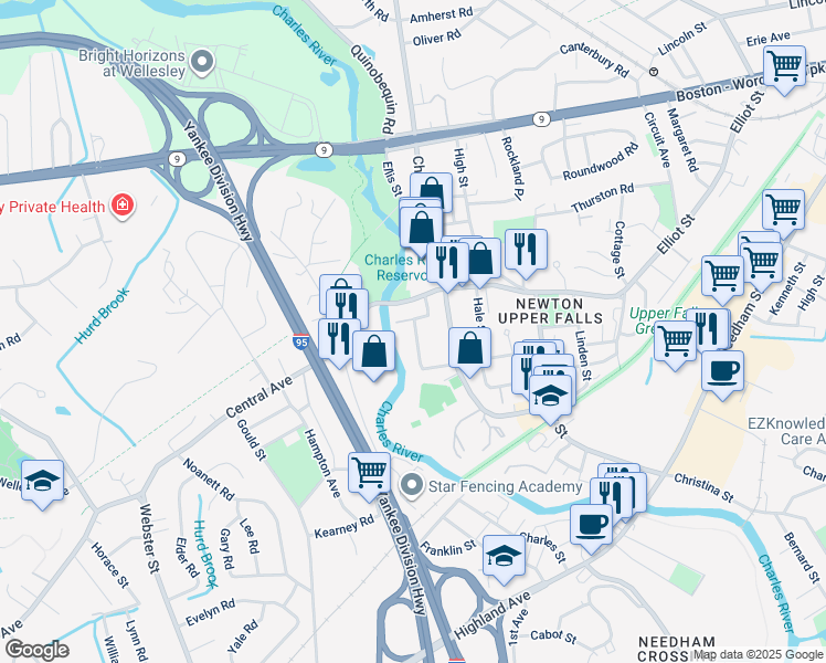 map of restaurants, bars, coffee shops, grocery stores, and more near 1 Keefe Avenue in Newton