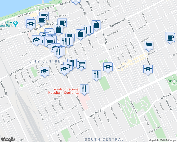 map of restaurants, bars, coffee shops, grocery stores, and more near in Windsor