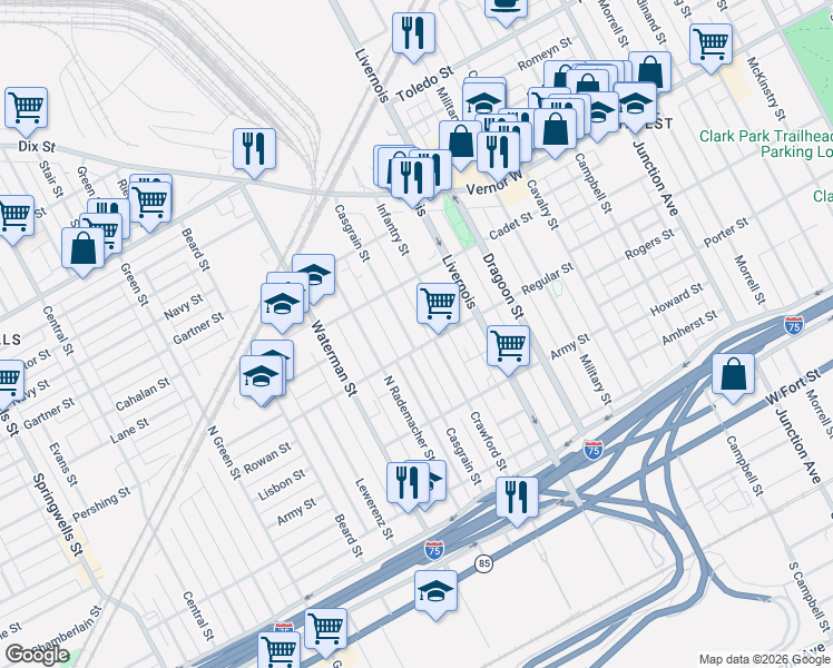 map of restaurants, bars, coffee shops, grocery stores, and more near 1517 Casgrain Street in Detroit