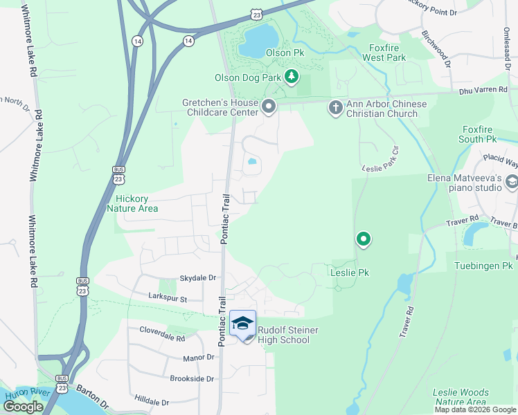 map of restaurants, bars, coffee shops, grocery stores, and more near 2710 Pontiac Trail in Ann Arbor