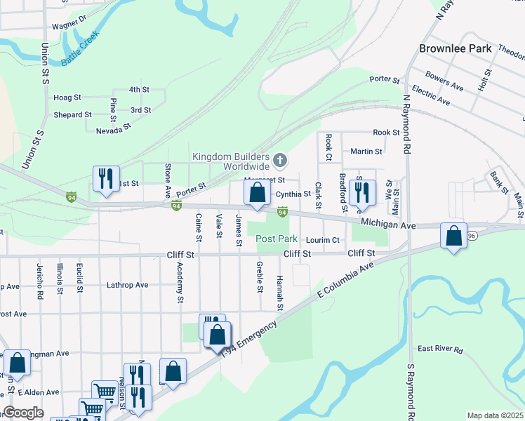 map of restaurants, bars, coffee shops, grocery stores, and more near 16 Spencer Street in Battle Creek