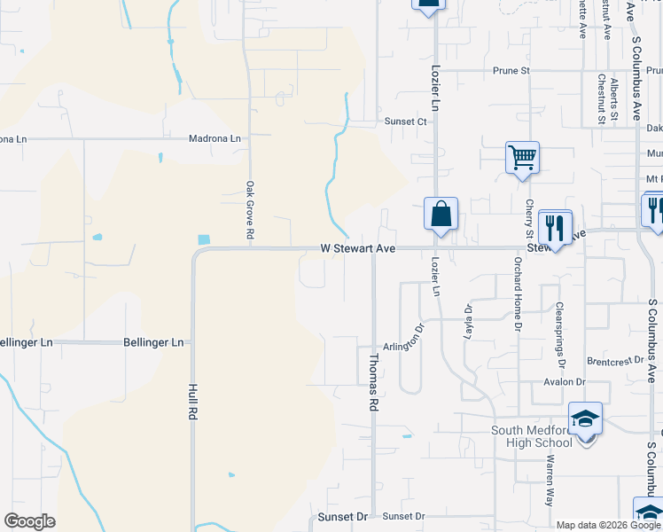map of restaurants, bars, coffee shops, grocery stores, and more near 2577 West Stewart Avenue in Medford