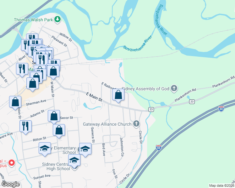 map of restaurants, bars, coffee shops, grocery stores, and more near 64 East Railroad Street in Sidney
