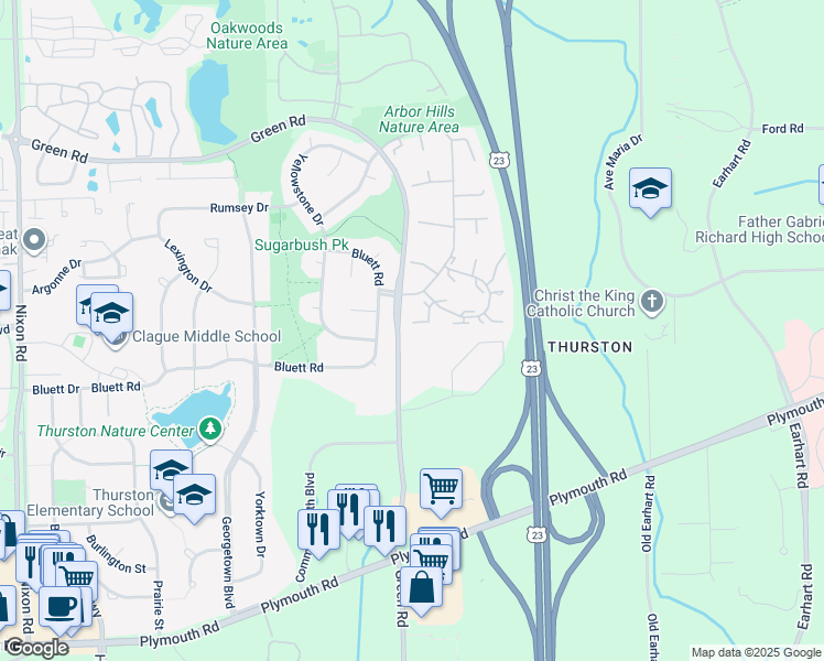 map of restaurants, bars, coffee shops, grocery stores, and more near 3042 Bolgos Circle in Ann Arbor