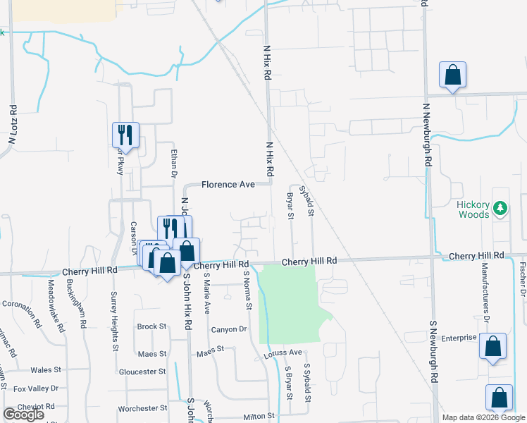 map of restaurants, bars, coffee shops, grocery stores, and more near 404 Marigold Circle in Westland