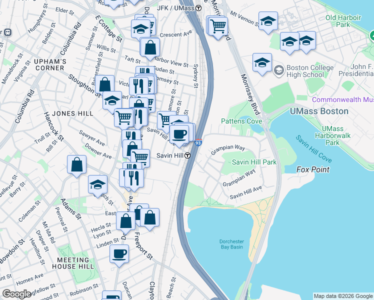map of restaurants, bars, coffee shops, grocery stores, and more near 120 Savin Hill Avenue in Boston