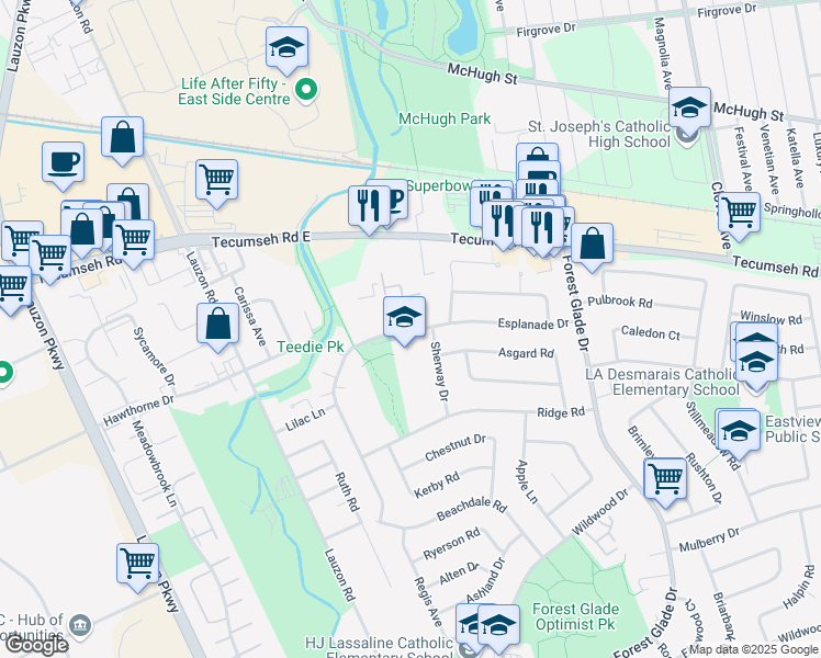 map of restaurants, bars, coffee shops, grocery stores, and more near 2796 Scarsdale Road in Windsor