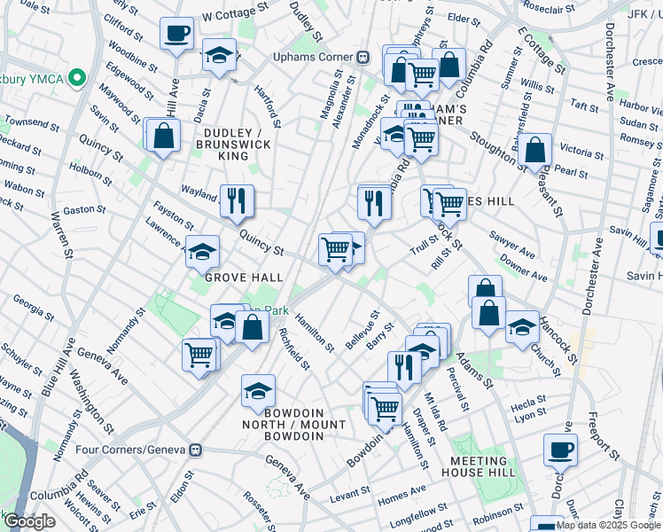 map of restaurants, bars, coffee shops, grocery stores, and more near 392 Columbia Road in Boston