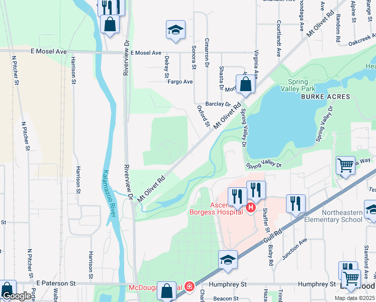 map of restaurants, bars, coffee shops, grocery stores, and more near 2115 Mount Olivet Road in Kalamazoo