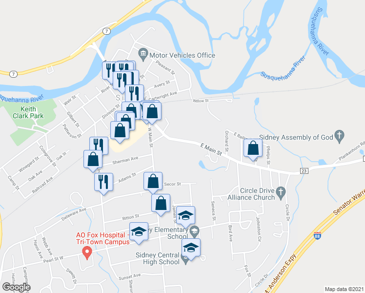 map of restaurants, bars, coffee shops, grocery stores, and more near 26 East Main Street in Sidney