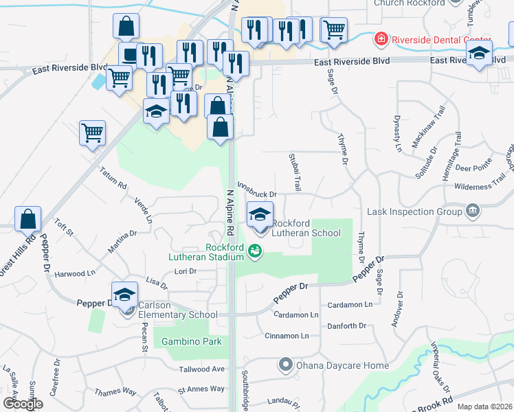 map of restaurants, bars, coffee shops, grocery stores, and more near 3521 Inglenook Lane in Rockford