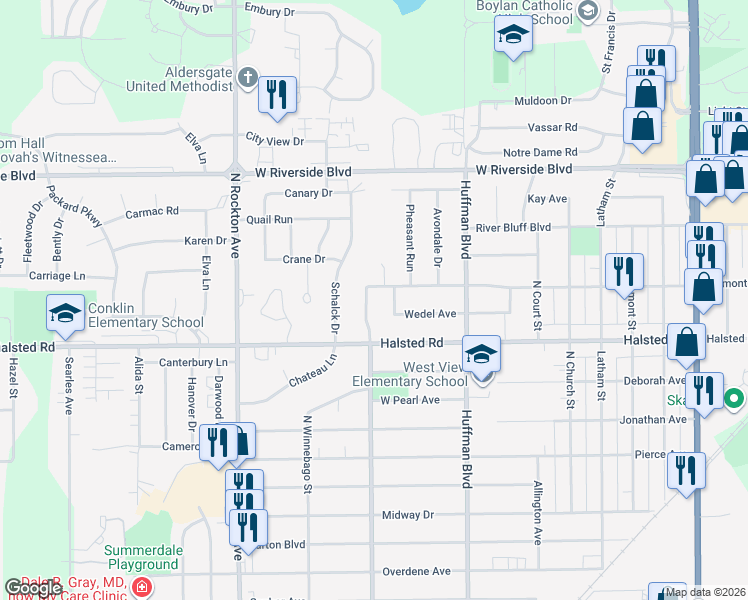 map of restaurants, bars, coffee shops, grocery stores, and more near 3431 Ridge Avenue in Rockford