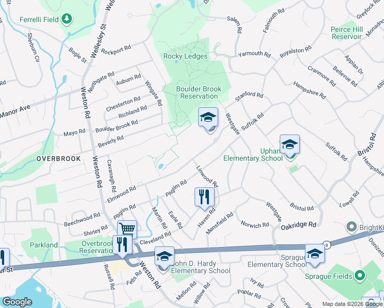 map of restaurants, bars, coffee shops, grocery stores, and more near 94 Elmwood Road in Wellesley