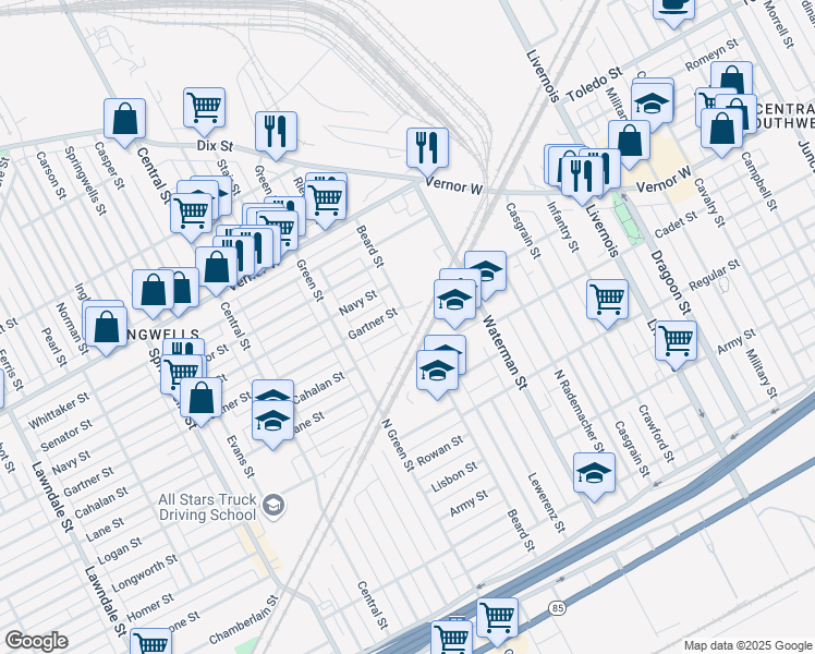map of restaurants, bars, coffee shops, grocery stores, and more near 1811 Beard Street in Detroit
