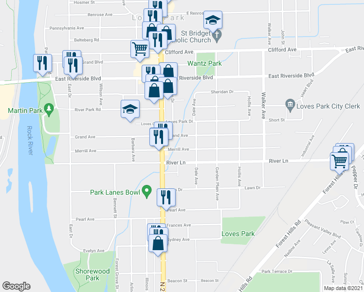 map of restaurants, bars, coffee shops, grocery stores, and more near 530 Merrill Avenue in Loves Park