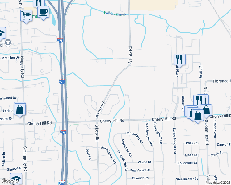 map of restaurants, bars, coffee shops, grocery stores, and more near 156 Cherry Hill Pointe Drive in Canton