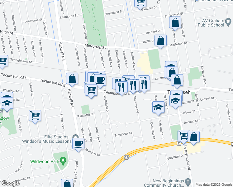 map of restaurants, bars, coffee shops, grocery stores, and more near 11886 Tecumseh Road East in Tecumseh