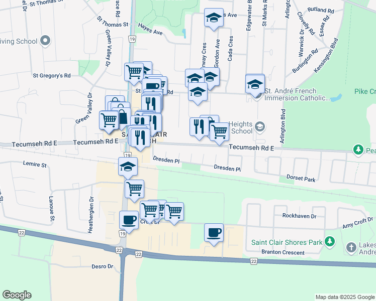 map of restaurants, bars, coffee shops, grocery stores, and more near 511 Cumberland Court in Windsor