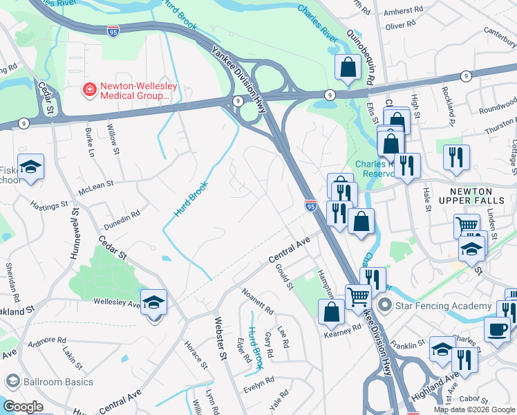 map of restaurants, bars, coffee shops, grocery stores, and more near 6 Evergreen Road in Needham