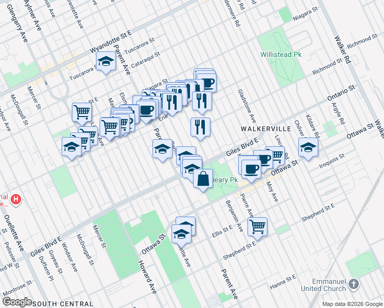 map of restaurants, bars, coffee shops, grocery stores, and more near 1166 Langlois Avenue in Windsor