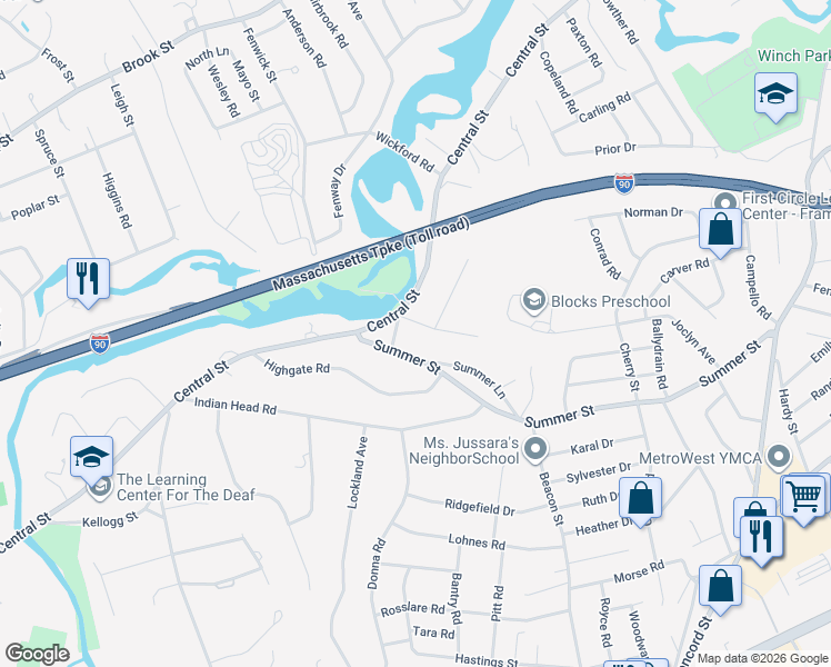 map of restaurants, bars, coffee shops, grocery stores, and more near 150 Fenwick Street in Framingham