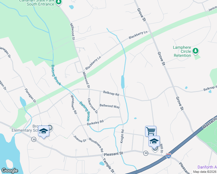 map of restaurants, bars, coffee shops, grocery stores, and more near 399 Belknap Road in Framingham