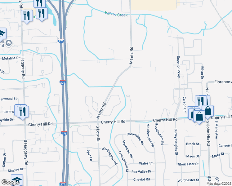 map of restaurants, bars, coffee shops, grocery stores, and more near 156 Cherry Hill Pointe Drive in Canton
