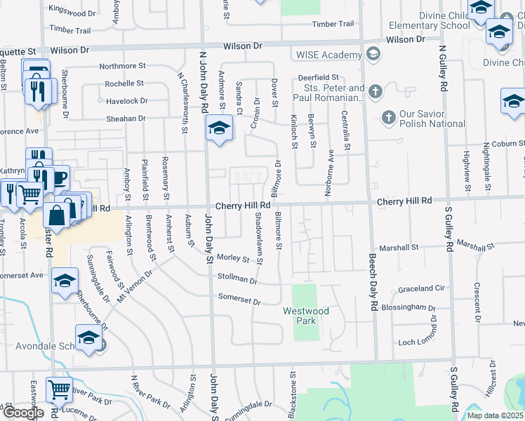map of restaurants, bars, coffee shops, grocery stores, and more near 115 Shadowlawn Street in Inkster