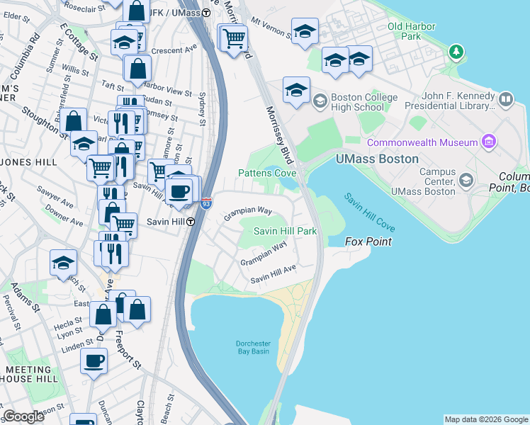 map of restaurants, bars, coffee shops, grocery stores, and more near 64 Grampian Way in Boston