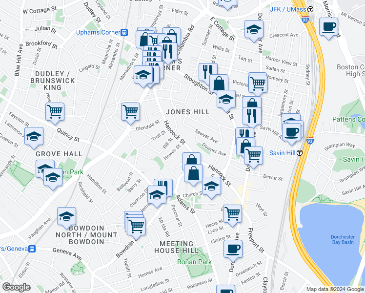 map of restaurants, bars, coffee shops, grocery stores, and more near 113 Hancock Street in Boston