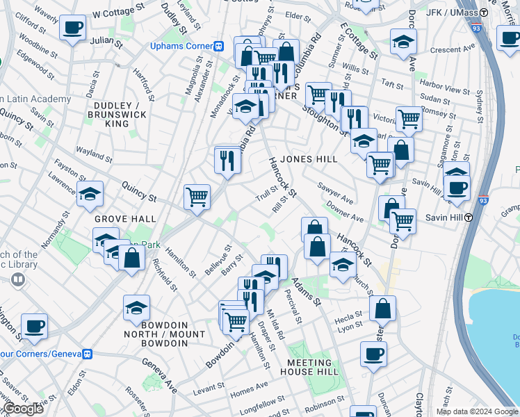 map of restaurants, bars, coffee shops, grocery stores, and more near 14A Trull Street in Boston
